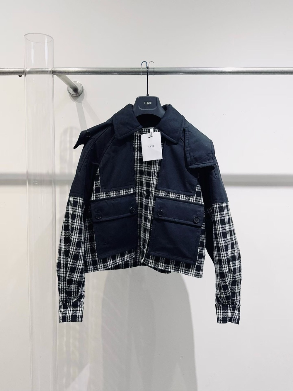 Dior Black & White Plaid Mixed-Media Utility Jacket